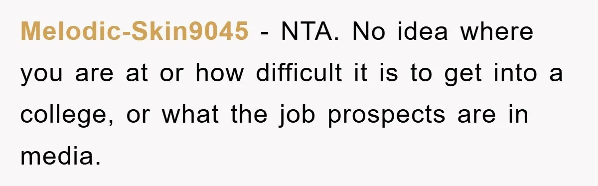 Melodic-Skin9045 − NTA. No idea where you are at or how difficult it is to get into a college, or what the job prospects are in media.
