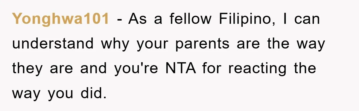 Yonghwa101 − As a fellow Filipino, I can understand why your parents are the way they are and you're NTA for reacting the way you did.