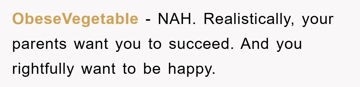 ObeseVegetable − NAH. Realistically, your parents want you to succeed. And you rightfully want to be happy.