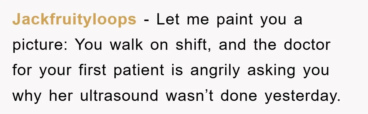 Jackfruityloops − Let me paint you a picture: You walk on shift, and the doctor for your first patient is angrily asking you why her ultrasound wasn’t done yesterday.