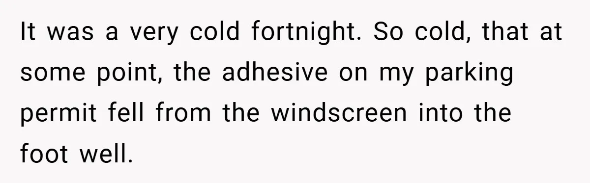 It was a very cold fortnight. So cold, that at some point, the adhesive on my parking permit fell from the windscreen into the foot well.