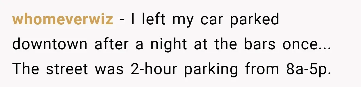 whomeverwiz − I left my car parked downtown after a night at the bars once... The street was 2-hour parking from 8a-5p.