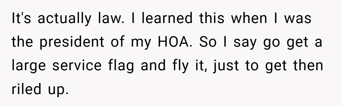 It's actually law. I learned this when I was the president of my HOA. So I say go get a large service flag and fly it, just to get then...