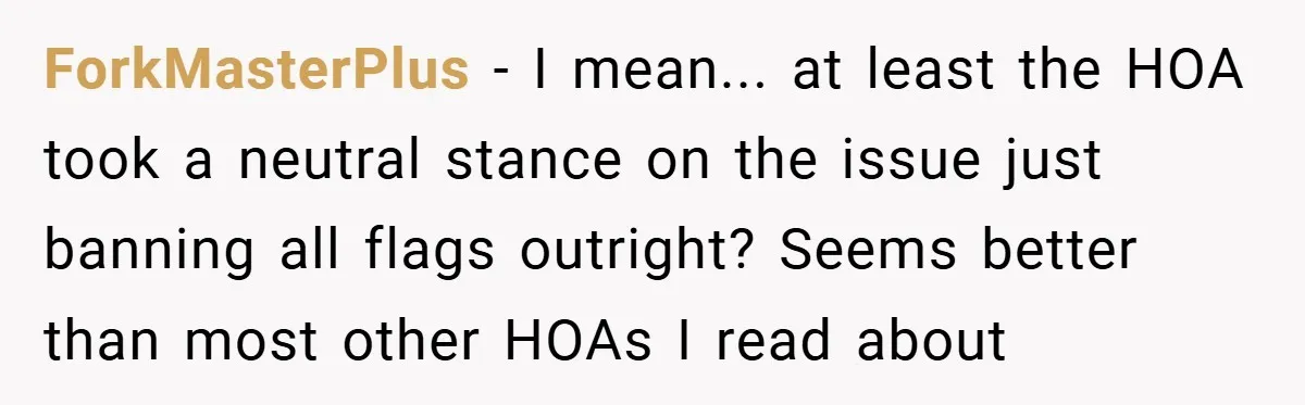 ForkMasterPlus − I mean... at least the HOA took a neutral stance on the issue just banning all flags outright? Seems better than most other HOAs I read about