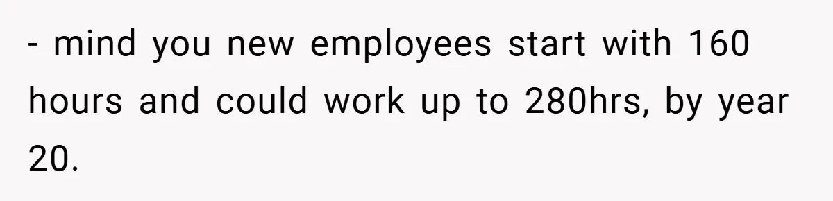 - mind you new employees start with 160 hours and could work up to 280hrs, by year 20.