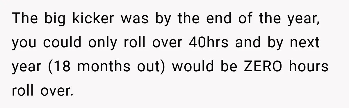 The big kicker was by the end of the year, you could only roll over 40hrs and by next year (18 months out) would be ZERO hours roll over.