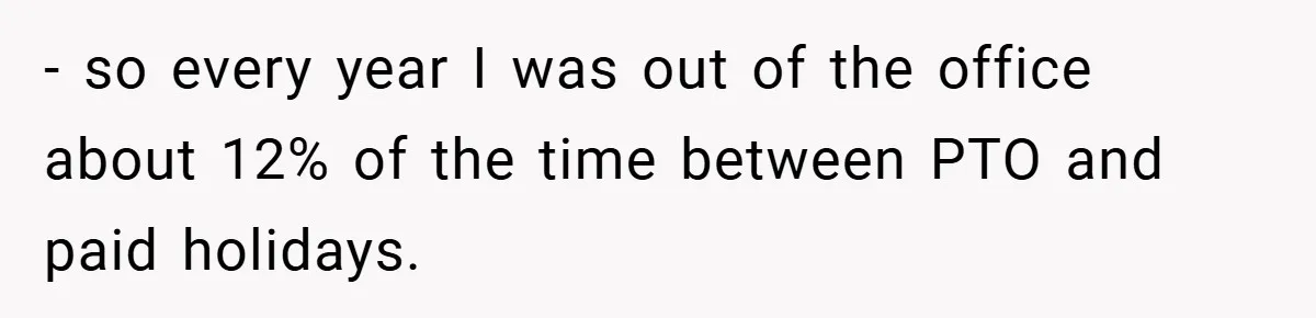 - so every year I was out of the office about 12% of the time between PTO and paid holidays.