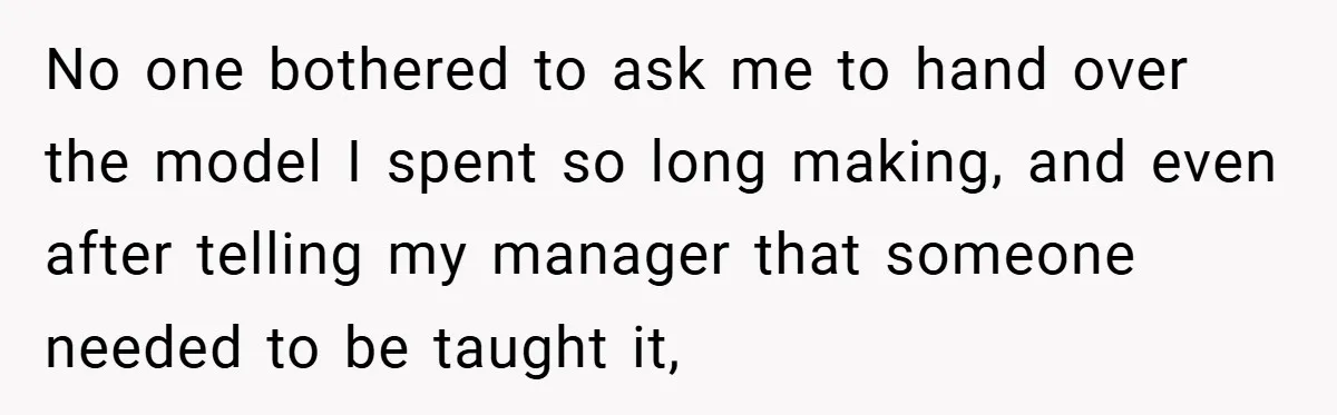 No one bothered to ask me to hand over the model I spent so long making, and even after telling my manager that someone needed to be taught it,