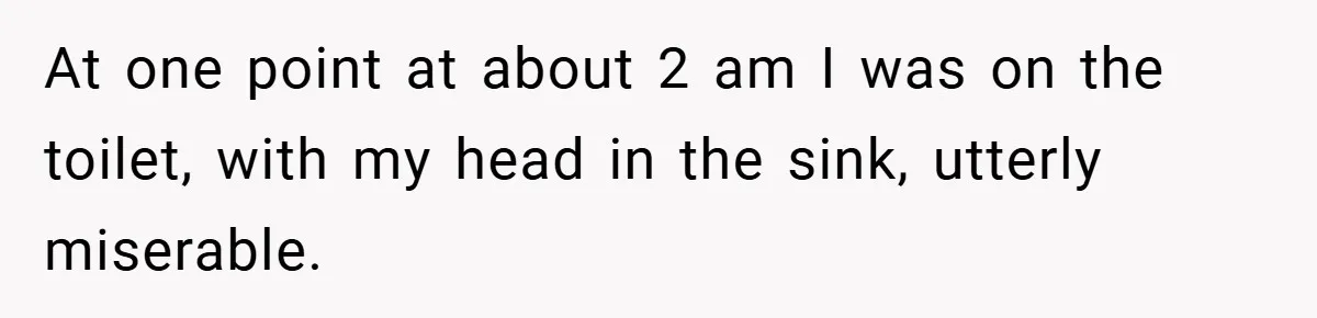 At one point at about 2 am I was on the toilet, with my head in the sink, utterly miserable.