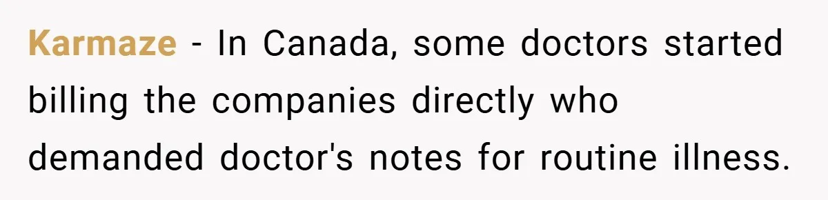 Karmaze − In Canada, some doctors started billing the companies directly who demanded doctor's notes for routine illness.