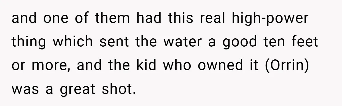 and one of them had this real high-power thing which sent the water a good ten feet or more, and the kid who owned it (Orrin) was a great shot.