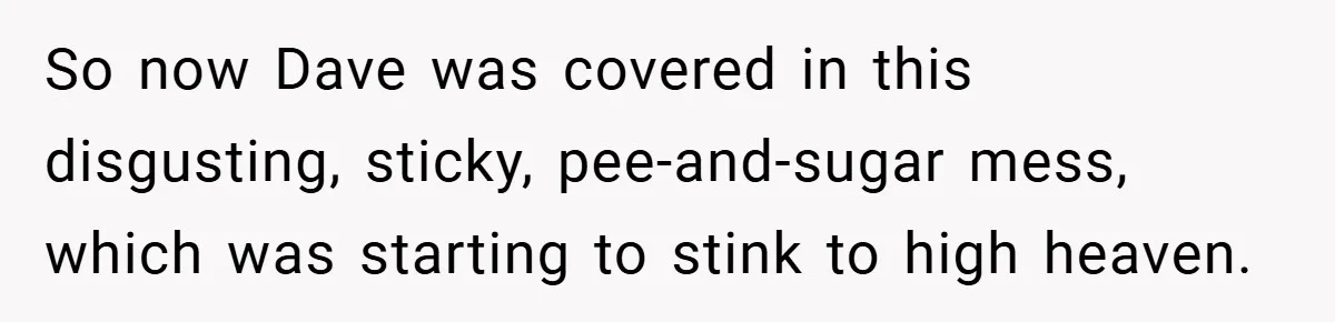 So now Dave was covered in this disgusting, sticky, pee-and-sugar mess, which was starting to stink to high heaven.