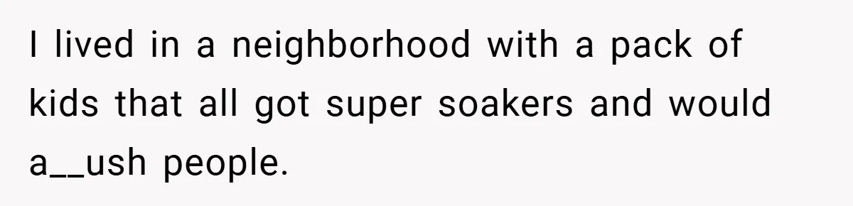 I lived in a neighborhood with a pack of kids that all got super soakers and would a__ush people.