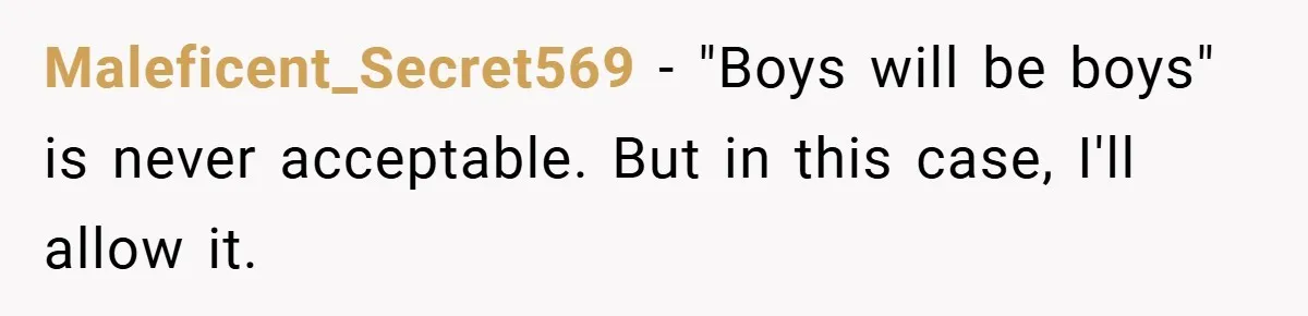 Maleficent_Secret569 − "Boys will be boys" is never acceptable. But in this case, I'll allow it.