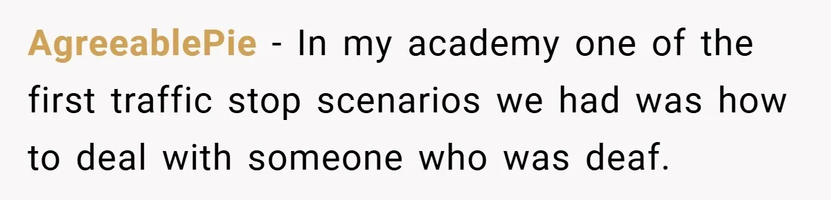 AgreeablePie − In my academy one of the first traffic stop scenarios we had was how to deal with someone who was deaf.