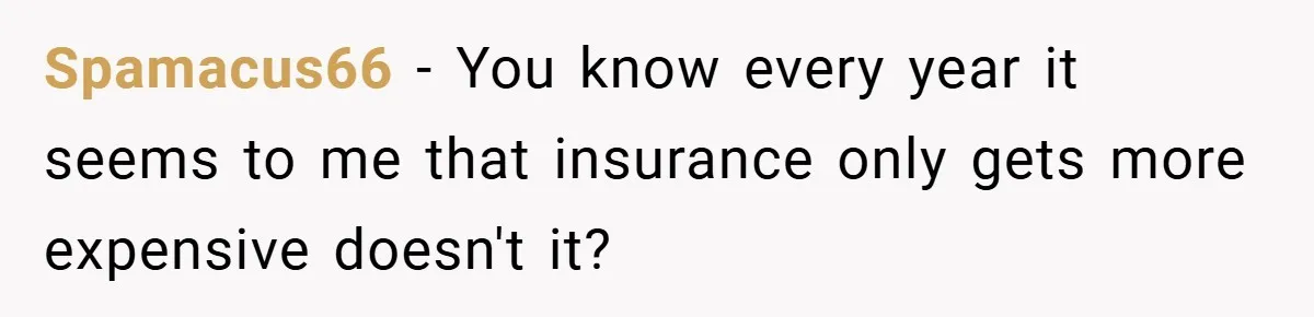 Spamacus66 − You know every year it seems to me that insurance only gets more expensive doesn't it?