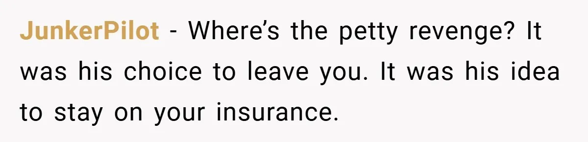 JunkerPilot − Where’s the petty revenge? It was his choice to leave you. It was his idea to stay on your insurance.