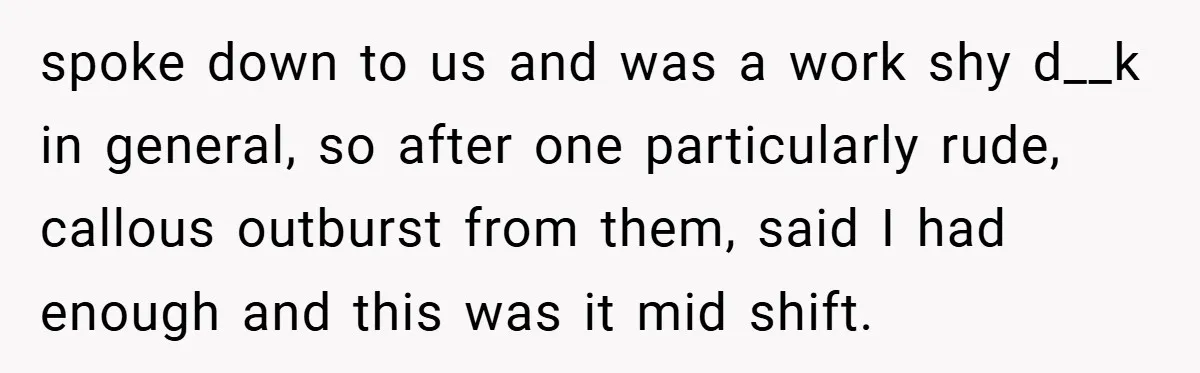spoke down to us and was a work shy d__k in general, so after one particularly rude, callous outburst from them, said I had enough and this was it mid...