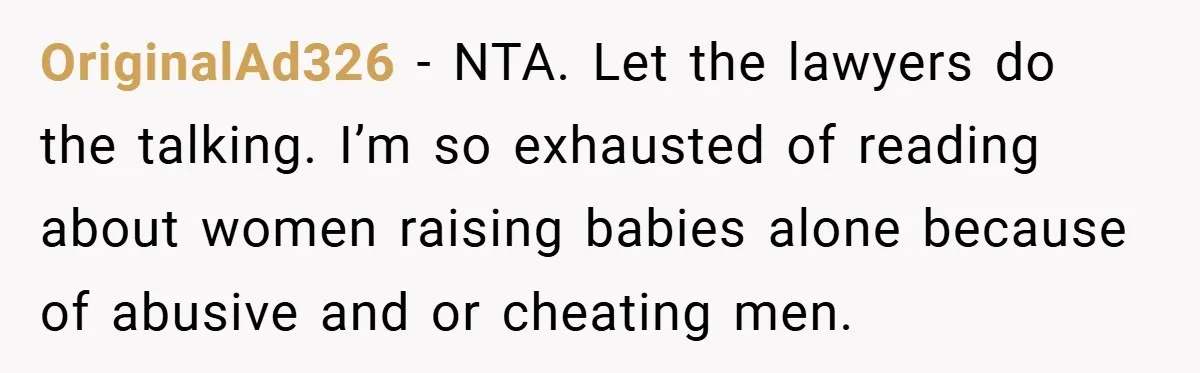 OriginalAd326 − NTA. Let the lawyers do the talking. I’m so exhausted of reading about women raising babies alone because of abusive and or cheating men.