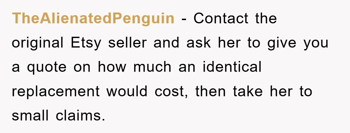 TheAlienatedPenguin − Contact the original Etsy seller and ask her to give you a quote on how much an identical replacement would cost, then take her to small claims.
