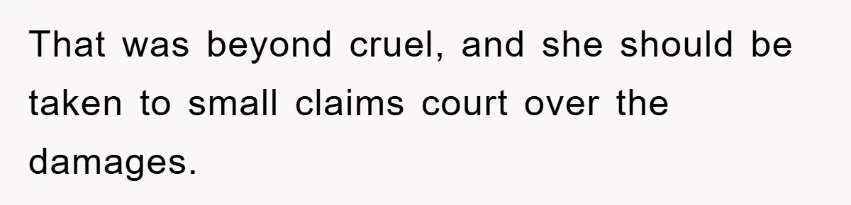 That was beyond cruel, and she should be taken to small claims court over the damages.