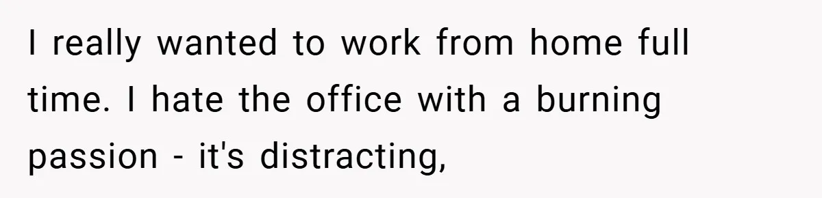 I really wanted to work from home full time. I hate the office with a burning passion - it's distracting,