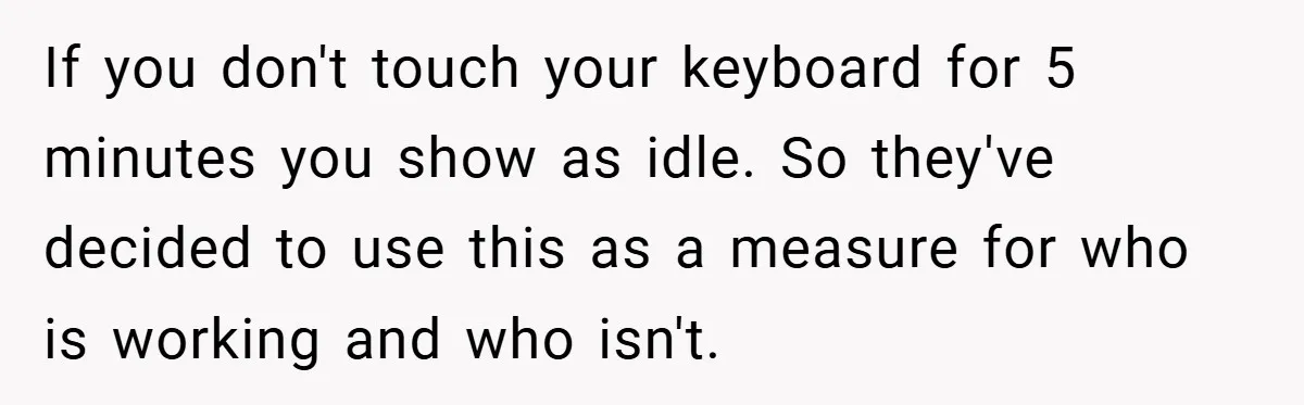 If you don't touch your keyboard for 5 minutes you show as idle. So they've decided to use this as a measure for who is working and who isn't.