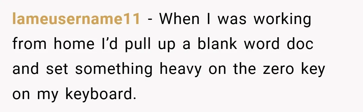 lameusername11 − When I was working from home I’d pull up a blank word doc and set something heavy on the zero key on my keyboard.