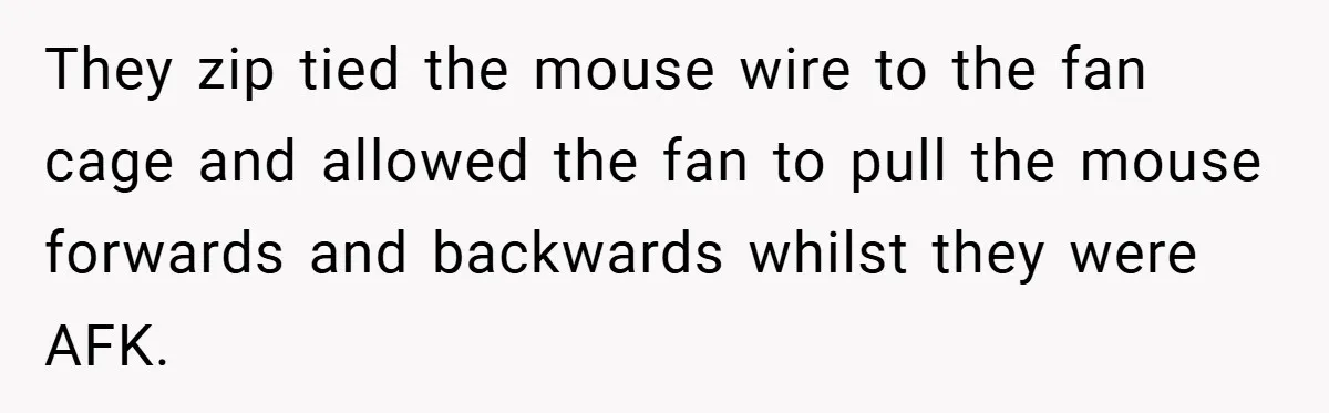 They zip tied the mouse wire to the fan cage and allowed the fan to pull the mouse forwards and backwards whilst they were AFK.