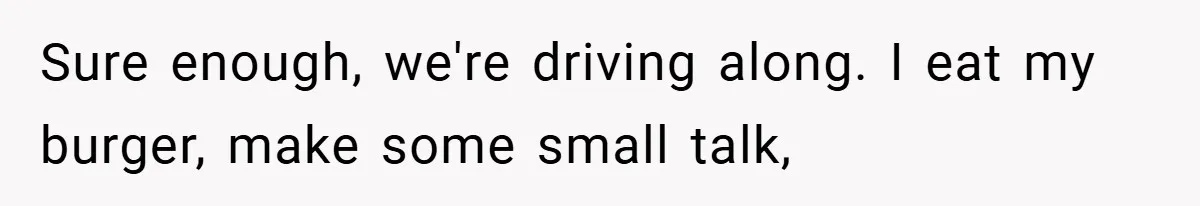 Sure enough, we're driving along. I eat my burger, make some small talk,