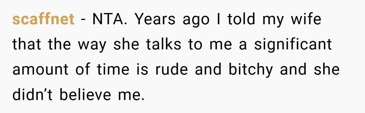 scaffnet − NTA. Years ago I told my wife that the way she talks to me a significant amount of time is rude and bitchy and she didn’t believe me.