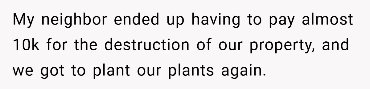 My neighbor ended up having to pay almost 10k for the destruction of our property, and we got to plant our plants again.