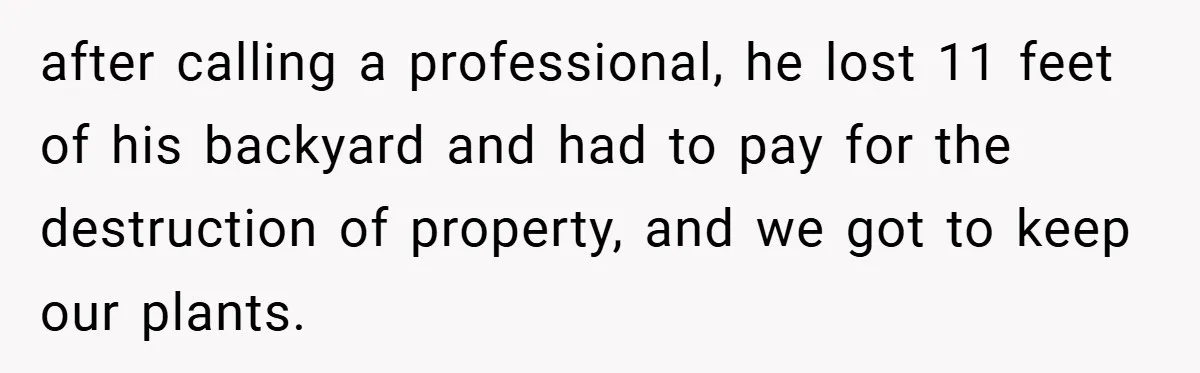 after calling a professional, he lost 11 feet of his backyard and had to pay for the destruction of property, and we got to keep our plants.