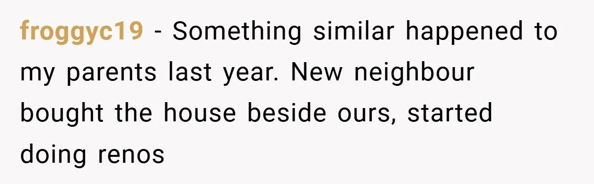 froggyc19 − Something similar happened to my parents last year. New neighbour bought the house beside ours, started doing renos