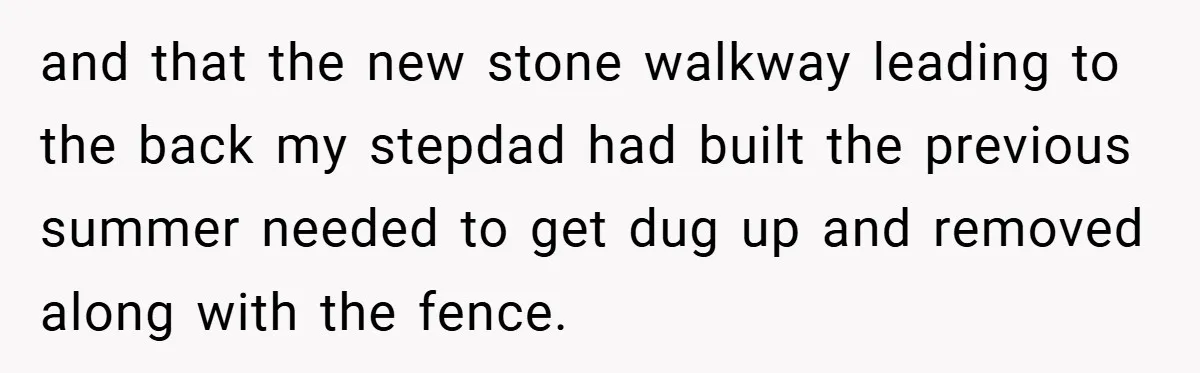 and that the new stone walkway leading to the back my stepdad had built the previous summer needed to get dug up and removed along with the fence.
