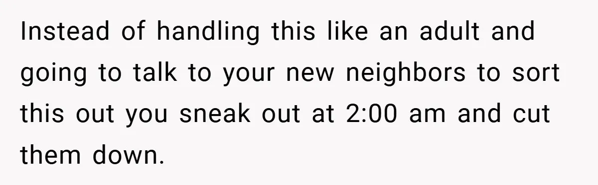 Instead of handling this like an adult and going to talk to your new neighbors to sort this out you sneak out at 2:00 am and cut them down.