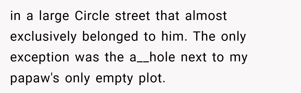 in a large Circle street that almost exclusively belonged to him. The only exception was the a__hole next to my papaw's only empty plot.