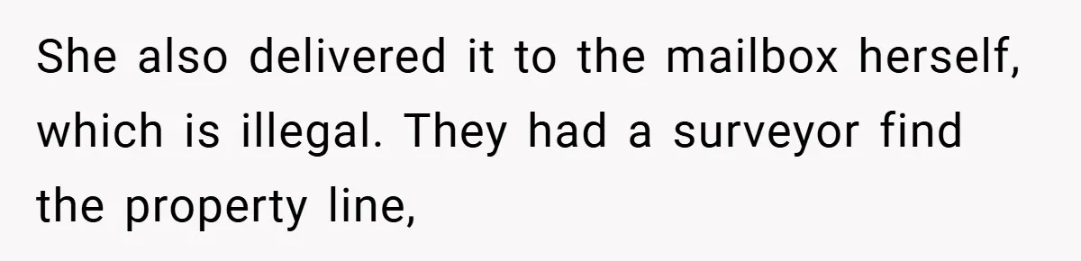 She also delivered it to the mailbox herself, which is illegal. They had a surveyor find the property line,