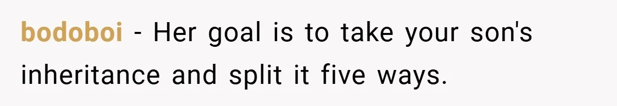 bodoboi − Her goal is to take your son's inheritance and split it five ways.