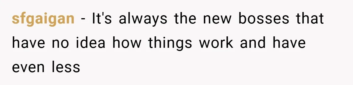 sfgaigan − It's always the new bosses that have no idea how things work and have even less