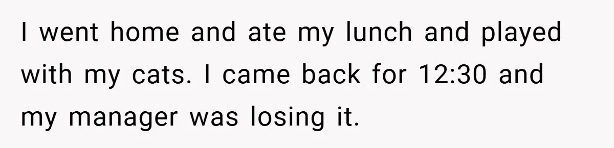 I went home and ate my lunch and played with my cats. I came back for 12:30 and my manager was losing it.