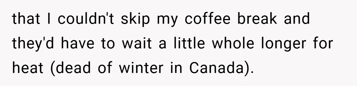 that I couldn't skip my coffee break and they'd have to wait a little whole longer for heat (dead of winter in Canada).