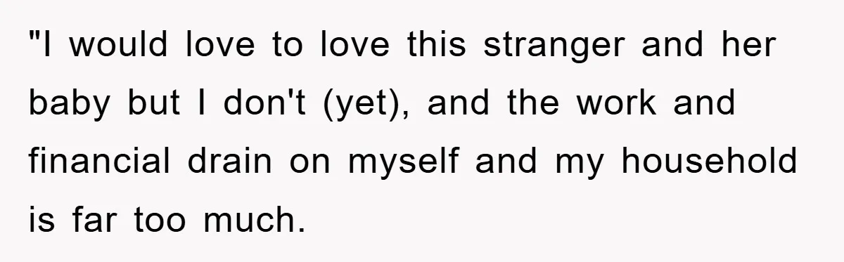 "I would love to love this stranger and her baby but I don't (yet), and the work and financial drain on myself and my household is far too much.