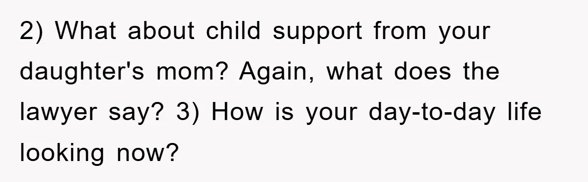 2) What about child support from your daughter's mom? Again, what does the lawyer say? 3) How is your day-to-day life looking now?