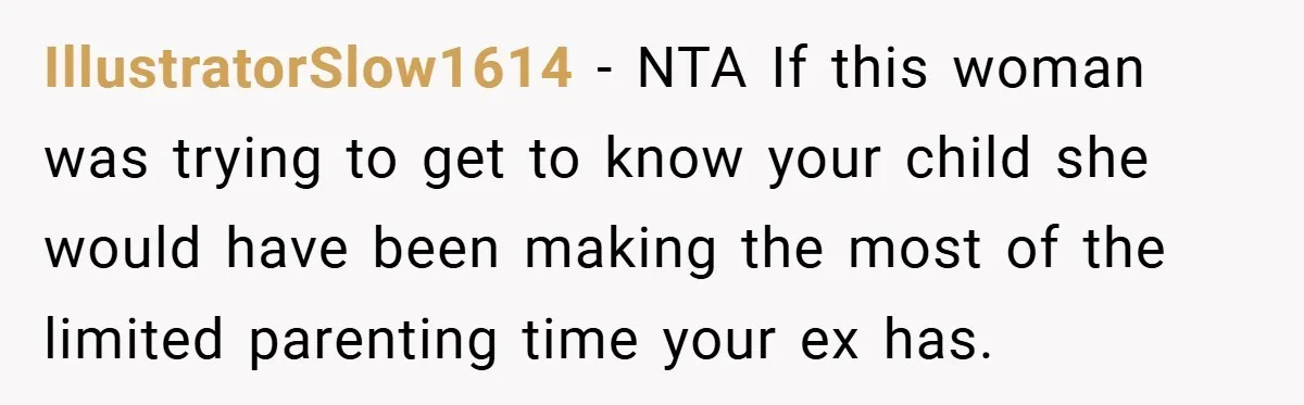 IllustratorSlow1614 − NTA If this woman was trying to get to know your child she would have been making the most of the limited parenting time your ex has.