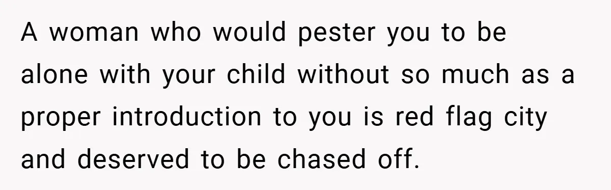 A woman who would pester you to be alone with your child without so much as a proper introduction to you is red flag city and deserved to be chased...