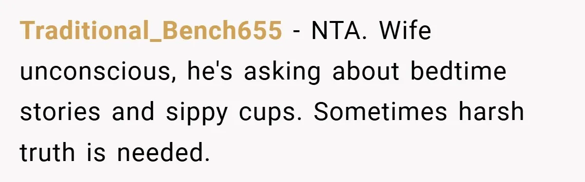 Traditional_Bench655 − NTA. Wife unconscious, he's asking about bedtime stories and sippy cups. Sometimes harsh truth is needed.