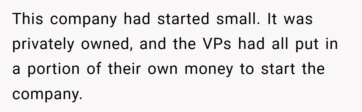 This company had started small. It was privately owned, and the VPs had all put in a portion of their own money to start the company.