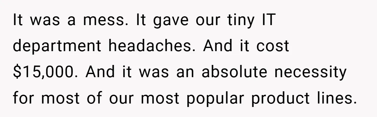 It was a mess. It gave our tiny IT department headaches. And it cost $15,000. And it was an absolute necessity for most of our most popular product lines.