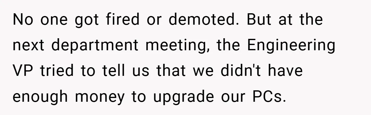 No one got fired or demoted. But at the next department meeting, the Engineering VP tried to tell us that we didn't have enough money to upgrade our PCs.